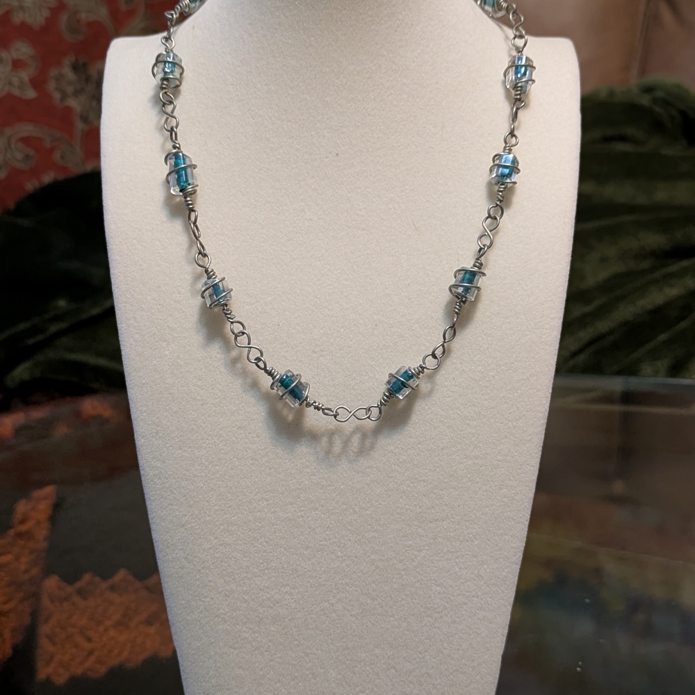 Vintage Wire Wrapped Blue And Clear Glass Beaded Necklace